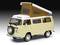 Een beige campervan met verhoogd dak, waarbij op de voorkant 'Westfalia' staat, is afgebeeld tegen een zwarte achtergrond.