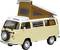Gele VW-bus in Westfalia-stijl met opengeklapt dak. Voorkant toont reservewiel; zijramen gedeeltelijk open.