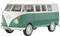 Klassieke groene en witte VW-bus met ronde koplampen en retro-design, geschikt voor nostalgische reizen of verzamelingen.