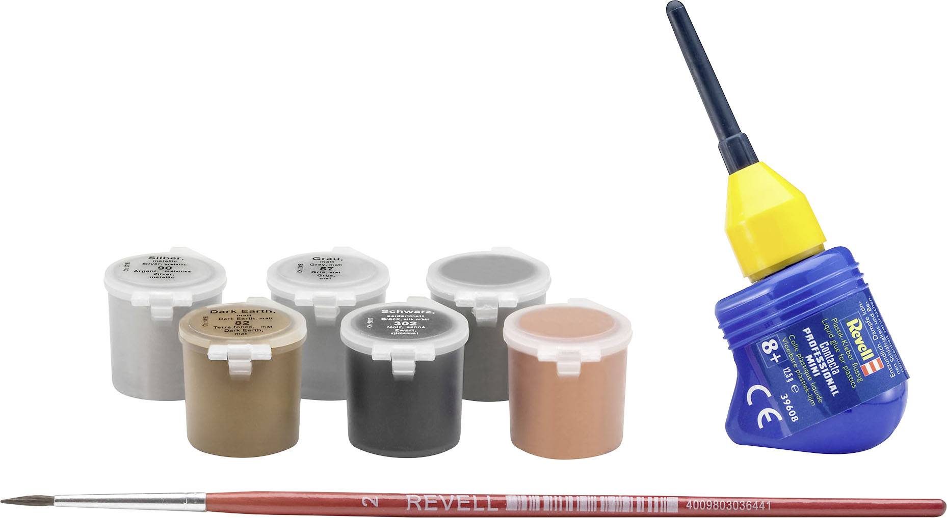Zes kleine verfpotjes en een lijm met penseel voor modelbouw.
