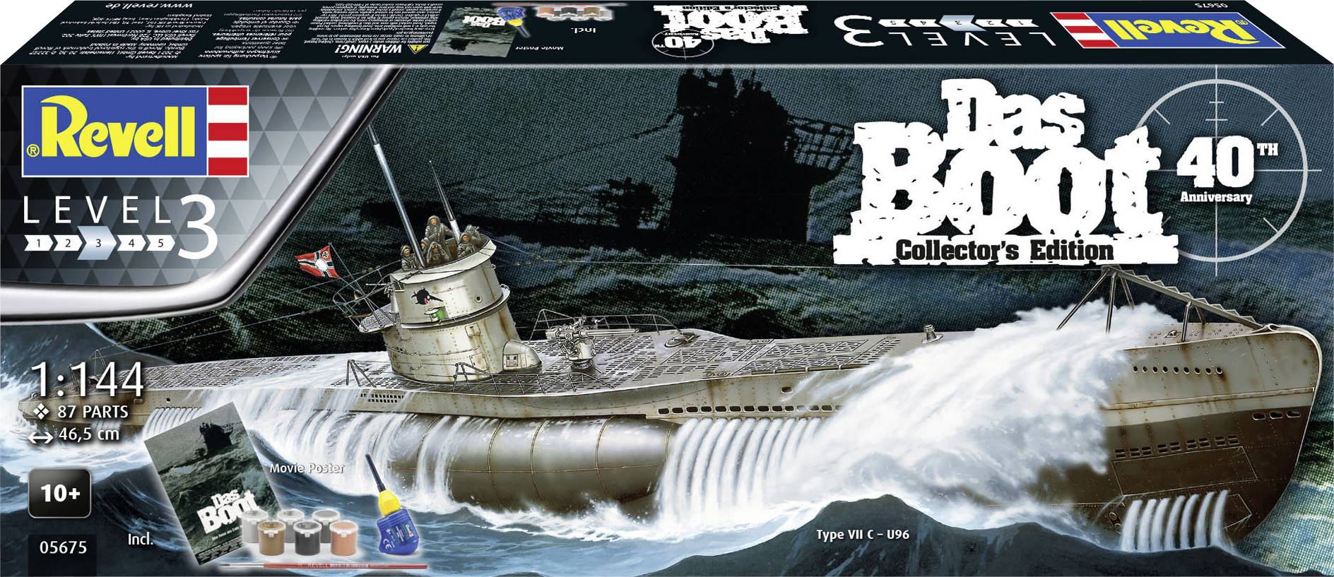 Revell modelbouwpakket 'Das Boot' in schaal 1:144, toont een Duits onderzeeboot met toebehoren in een verzamelaarseditie ter gelegenheid van het 40-jarig jubileum.
