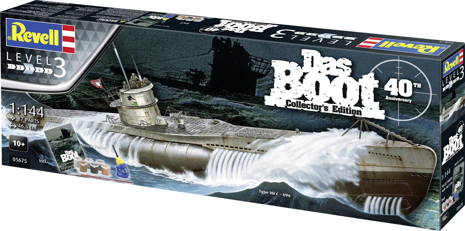 Revell modelbouwpakket 'Das Boot', Type VI C U-boot, schaal 1:144, 40e jubileumeditie. Verpakking toont U-boot in de oceaan.