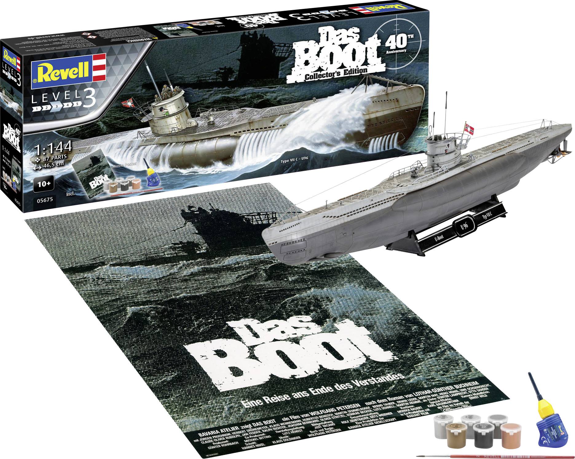 Bouwpakket van Revell voor een U-boot-model 'Das Boot', schaal 1:144. Bevat knutseltoebehoren zoals verf en lijm. Leeftijd 10+.