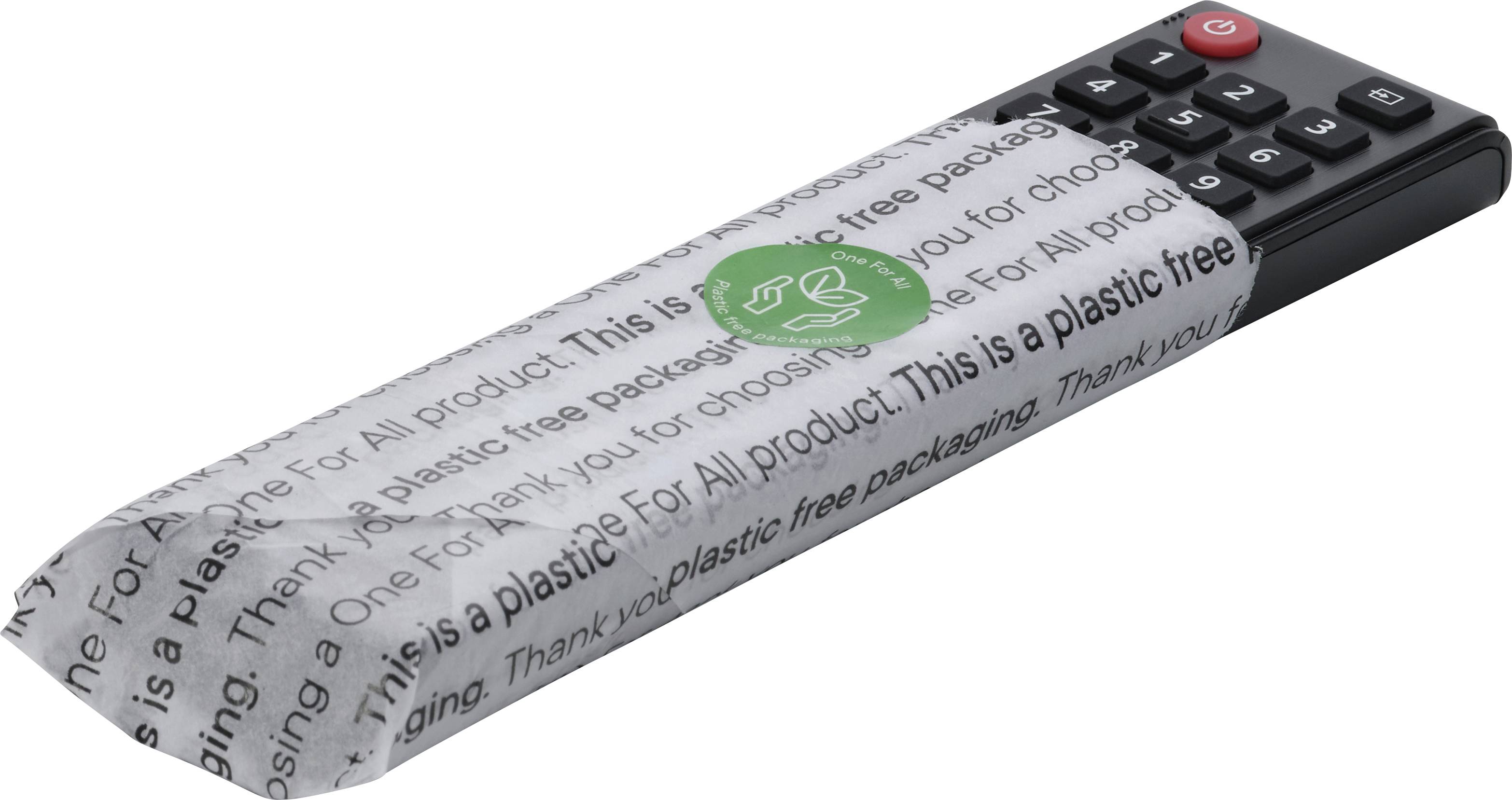 Een afstandsbediening in een verpakking zonder plastic met de tekst 'Dit is een verpakking zonder plastic' en een groen recycling-symbool.