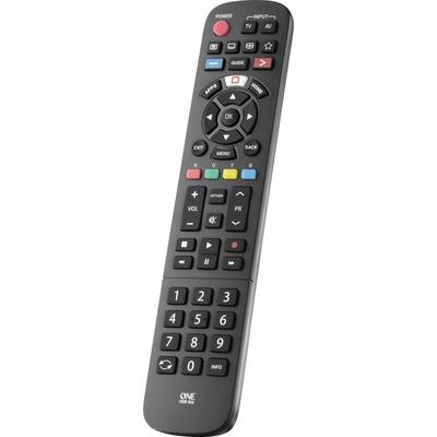 Universele afstandsbediening met toetsen voor het bedienen van tv-apparaten en andere elektronische apparaten. De toetsen zijn gekleurd gecodeerd en voorzien van labels.
