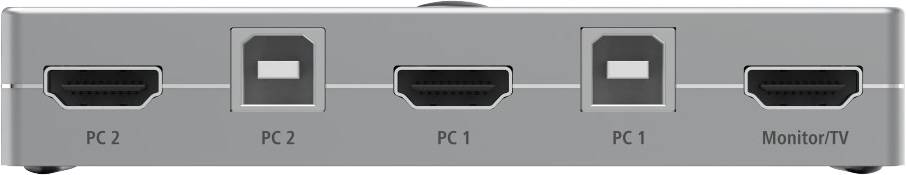 'Achteraanzicht van een HDMI-switch met vier aansluitingen: Twee HDMI-poorten voor PC 1 en PC 2, twee USB-poorten voor PC 1 en PC 2. Gemarkeerd met Monitor/TV.'