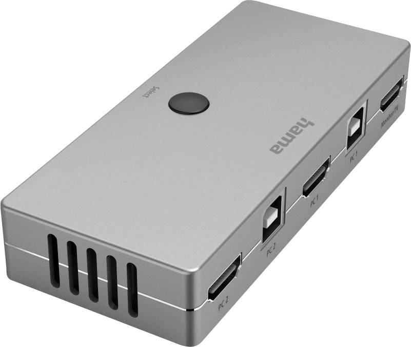 Een zilveren HDMI-switch van Hama met vier HDMI-aansluitingen en een knop bovenop. Ideaal voor het aansluiten van meerdere apparaten op één beeldscherm.