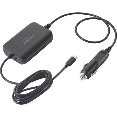 Zwart autolader met USB-aansluiting en sigarettenaanstekerplug; geschikt voor onderweg om apparaten op te laden.