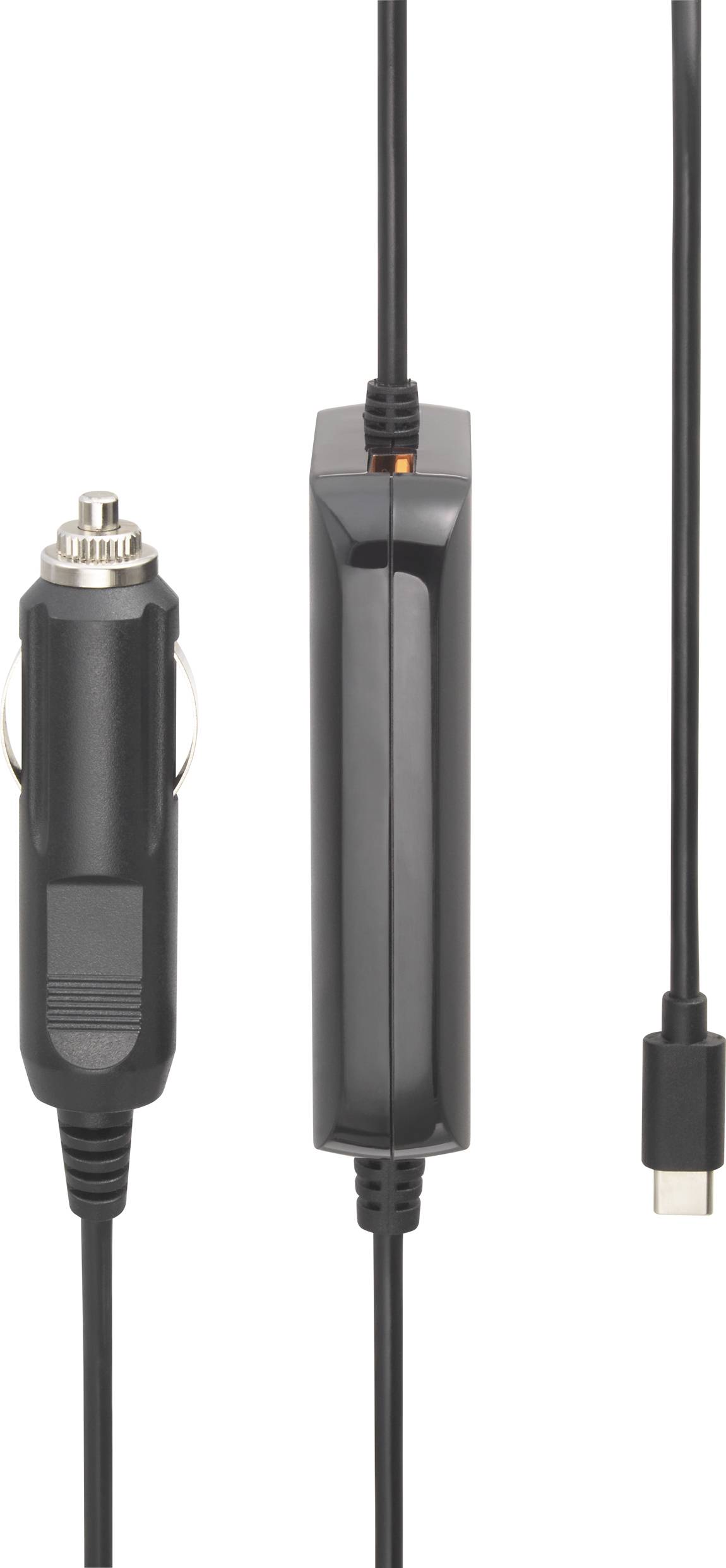 Zwart autolader met kabel en USB-C-aansluiting toont de volledige weergave, klaar om aangesloten te worden op een voertuig en apparaten.