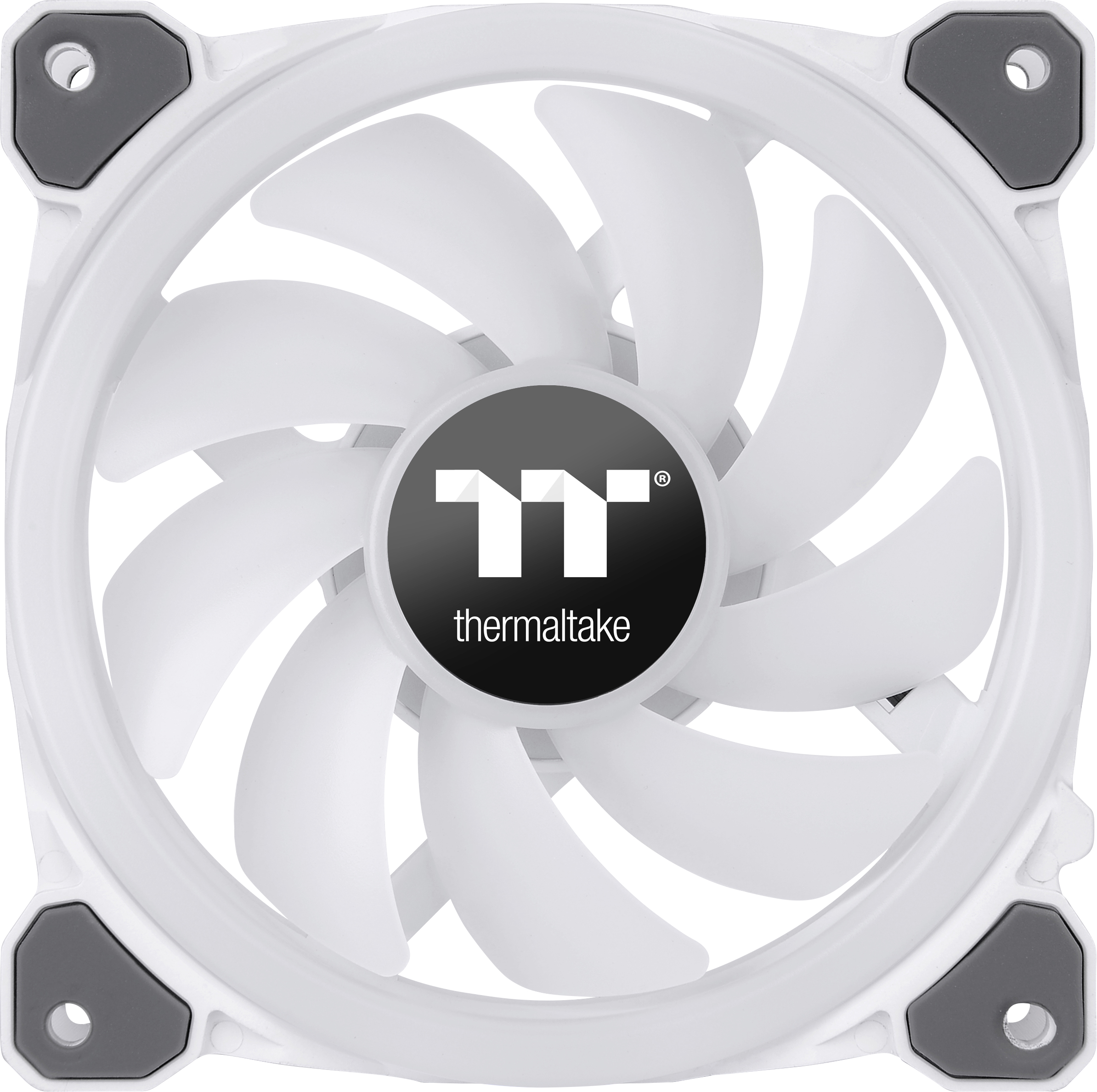 Een witte computerfan van Thermaltake met negen bladen, geschikt voor pc-behuizingskoeling.