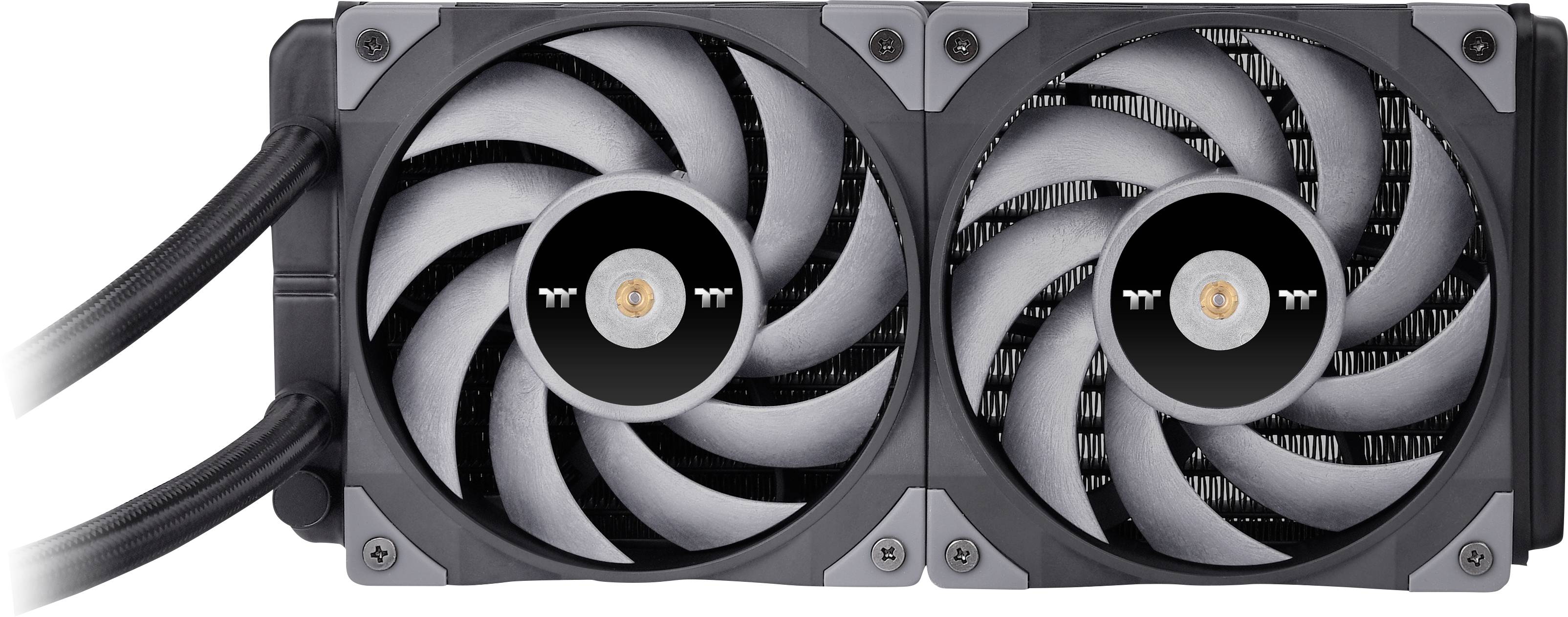 Twee naast elkaar geplaatste computerventilators met grijze behuizingen en zwarte ventilatorbladen, aangesloten op zwart ommantelende kabels.