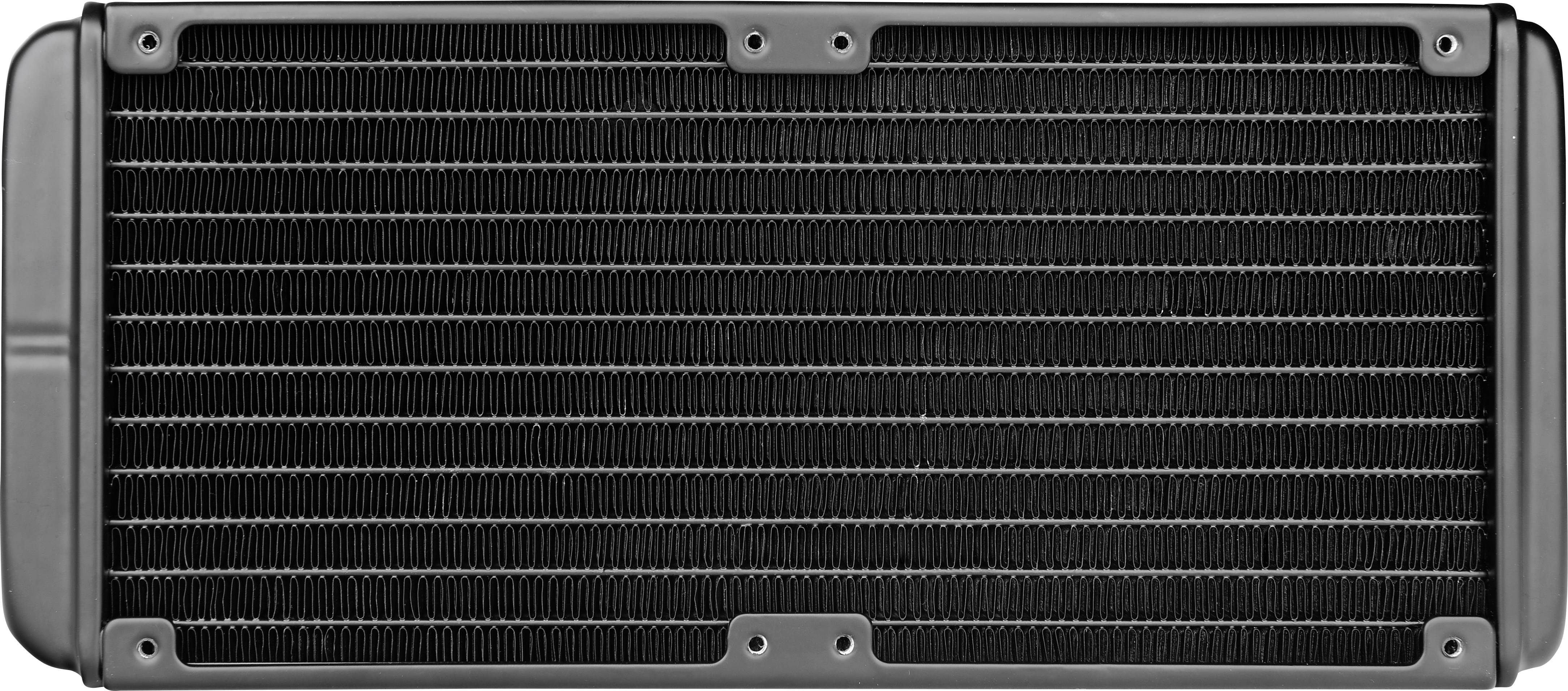 Een rechthoekige computerradiator van metaal met meerdere dunne lamellen voor koeling, tegen een neutrale achtergrond.