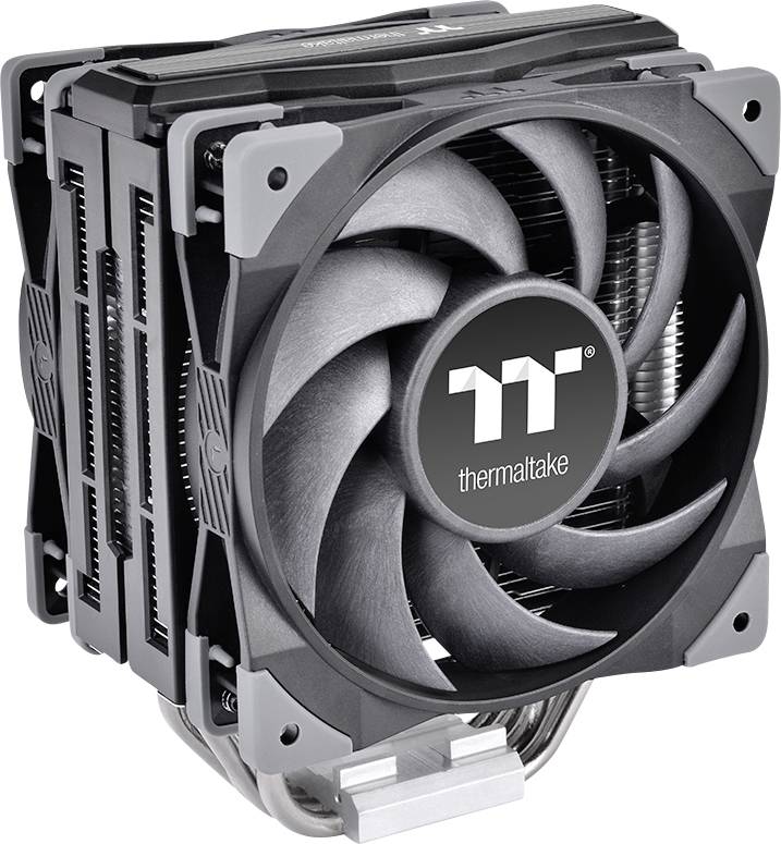 Luchtkoeler van Thermaltake met grote ventilator en koelribben. Ontworpen voor de koeling van computerprocessors.