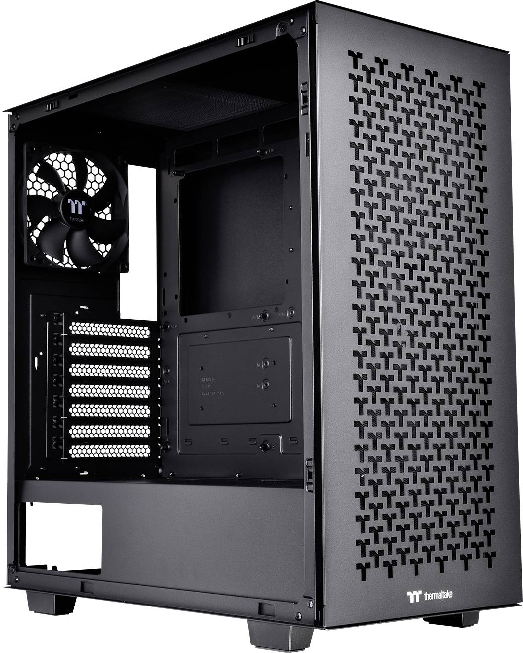 Zwart pc-behuizing met geventileerd ontwerp en zichtbare ventilatierooster, geschikt voor de assemblage van een desktopcomputer.