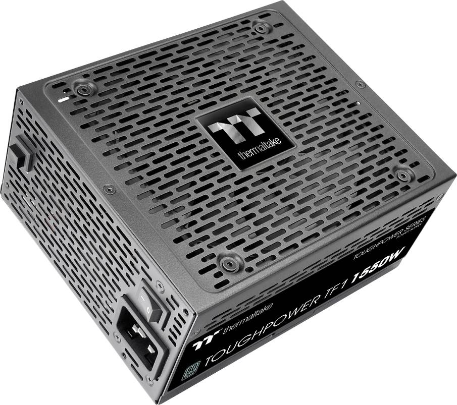 Thermaltake Voeding Toughpower TF1 1550W; zwart, metallic, ventilatieopeningen, voor computerbehuizing, vierkant ontwerp.