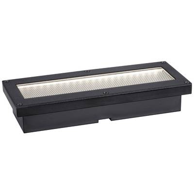 Rechthoekige zwarte grondspot met glazen afdekking die bovenwaarts licht uitstraalt, geschikt voor buitengebruik.