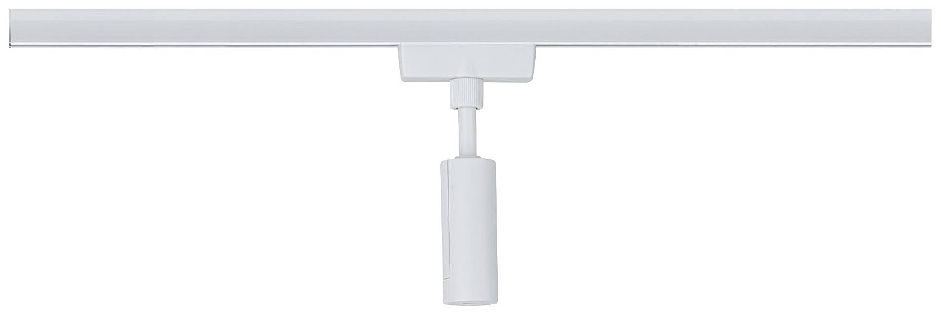 Een eenvoudige, witte plafondspot op een rail, geschikt voor flexibele verlichting van ruimtes.