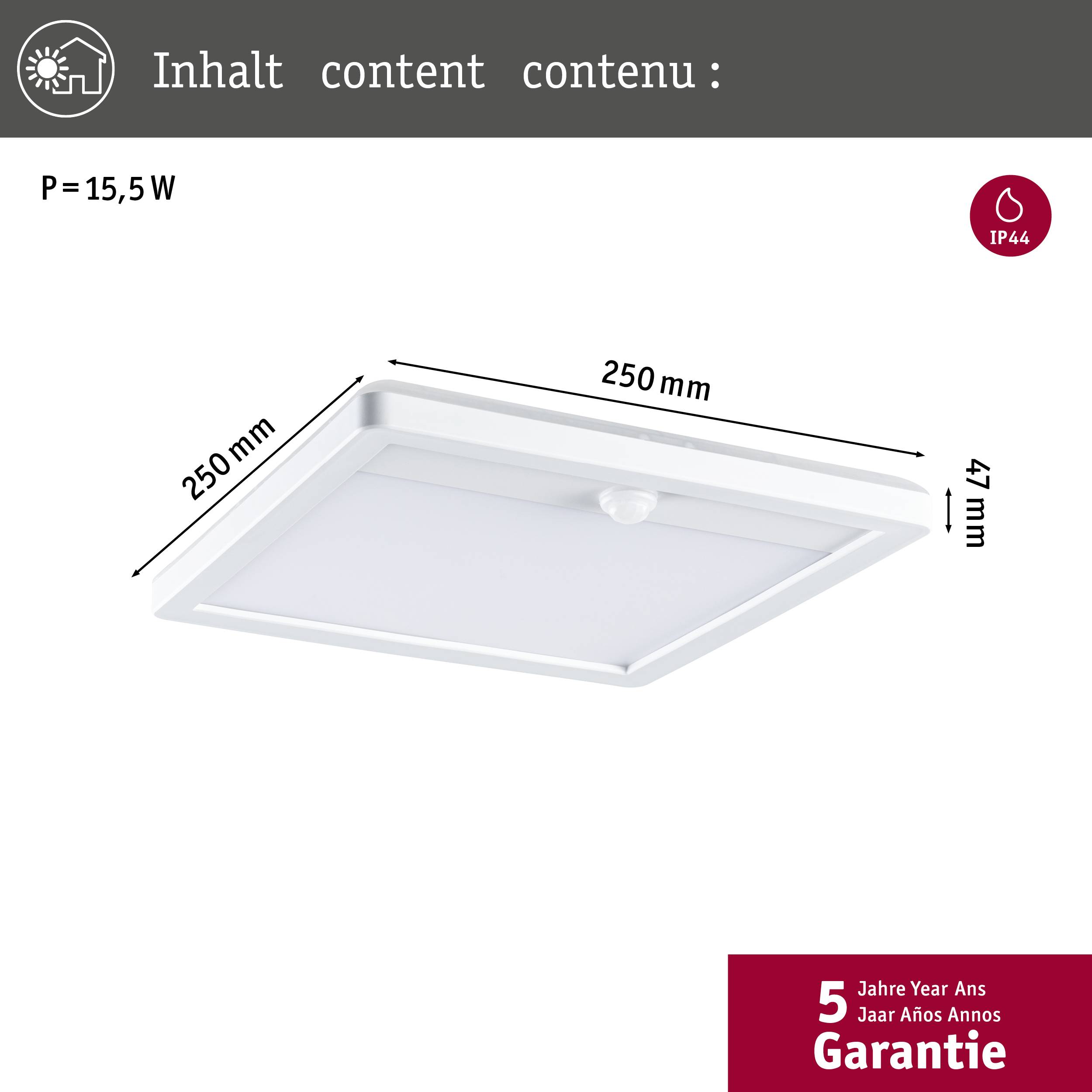 'Vierkante LED-plafondlamp, 250x250 mm, 15,5 W, P=15,5 W, IP44. Garantie 5 jaar.'