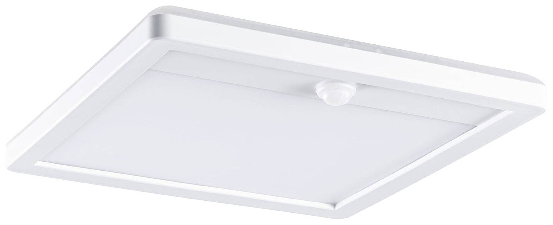 Vierkante plafondlamp met wit behuizing en matte diffuser, voorzien van een bewegingssensor in het midden.