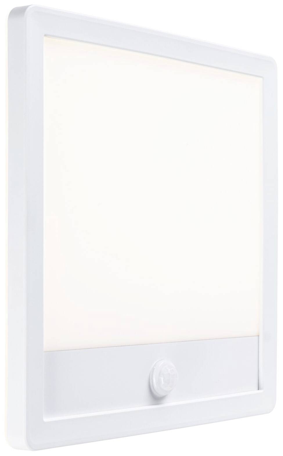 Witte, rechthoekige wandlamp met bewegingssensor aan de onderkant.