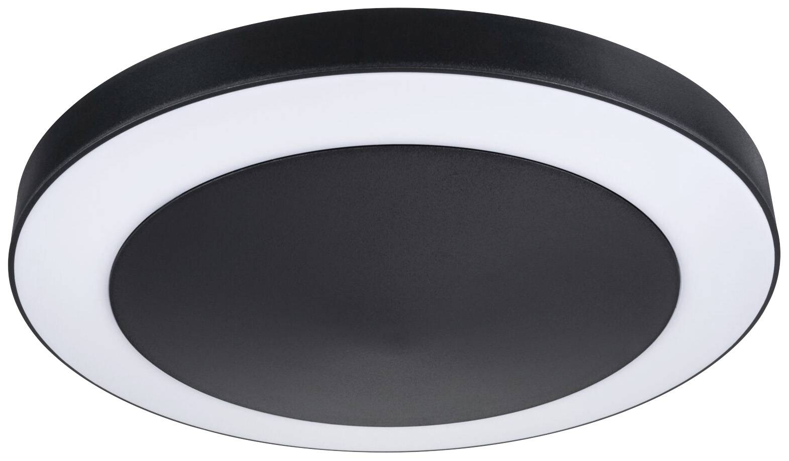Zwarte ronde plafondlamp met witte verlichtingsring.