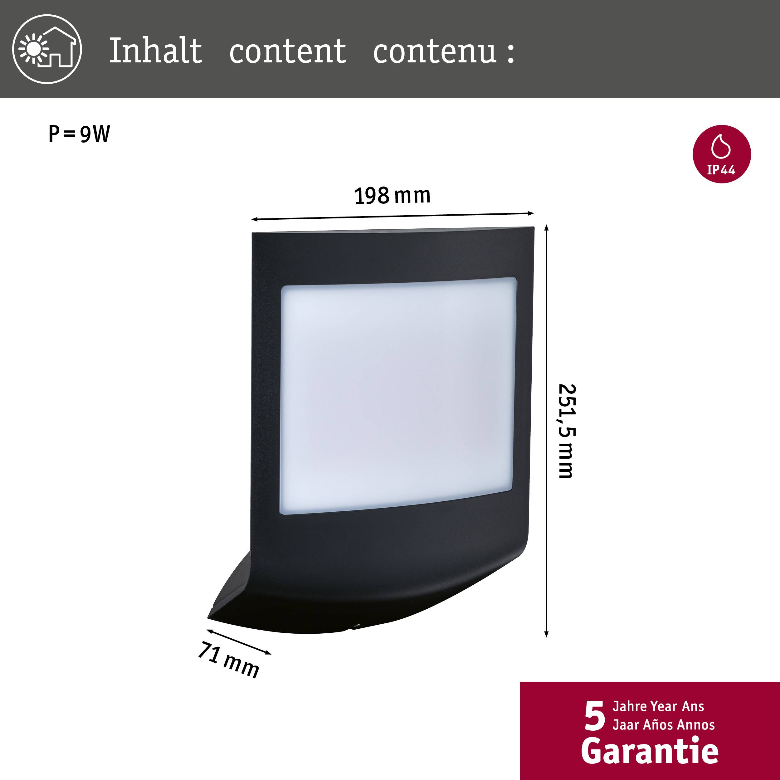 Zwarte LED-buitenlamp, 9W vermogen, afmetingen: 198 x 251,5 x 71 mm. IP44 geclassificeerd. 5 jaar garantie.
