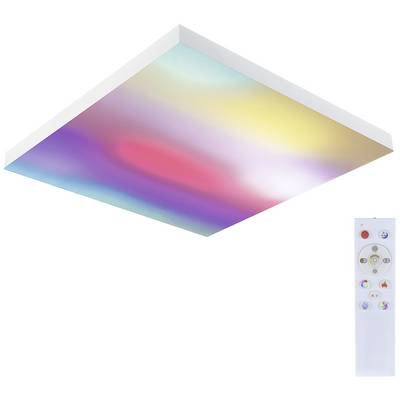LED-plafondlamp met kleurveranderende functie. Een afstandsbediening is ernaast afgebeeld om de lichtkleur en intensiteit te regelen.