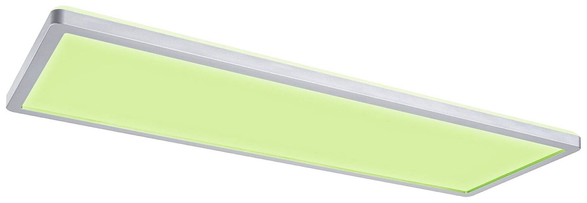 Rechthoekige LED-plafondlamp met groene glans, zilveren omlijsting. Geschikt voor moderne interieurs.