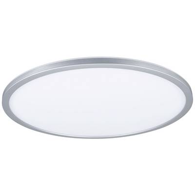 Ronde, platte LED-plafondlamp met zilveren rand.