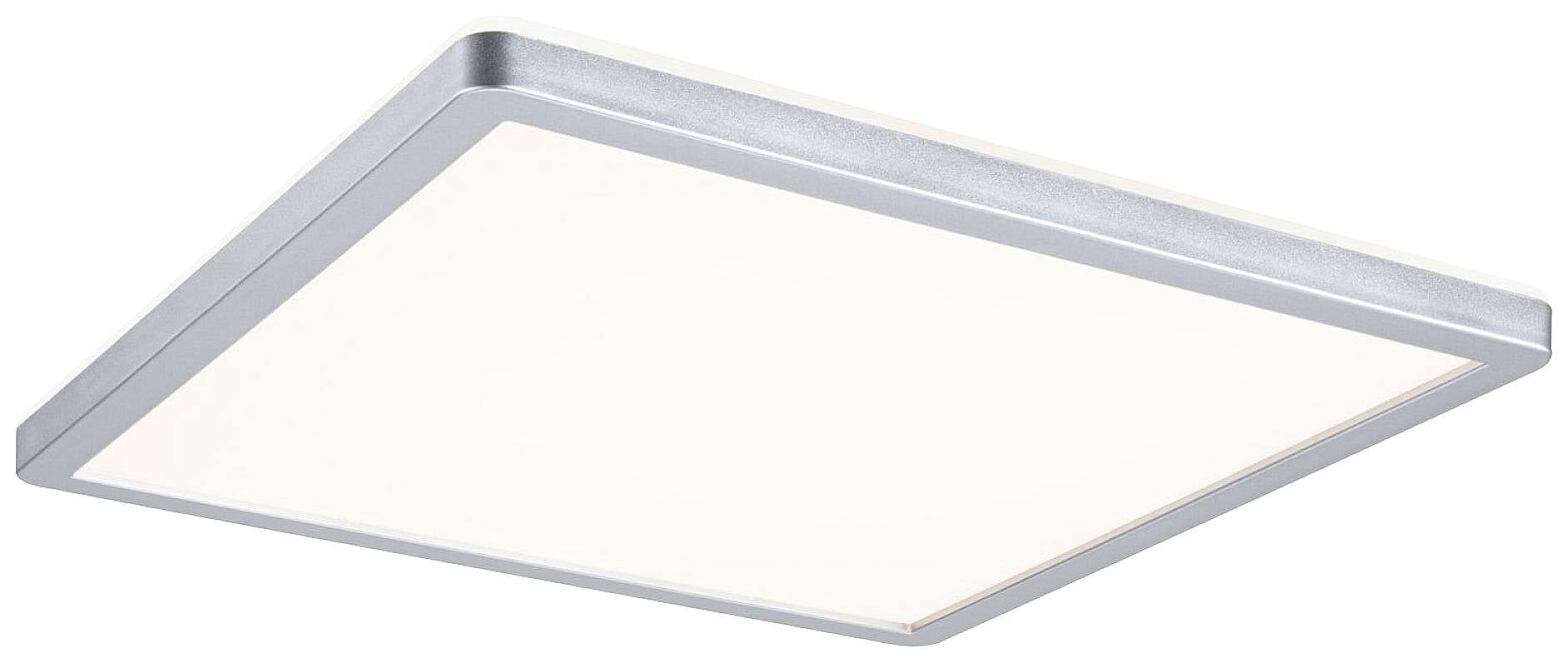 Een vierkante, platte LED-plafondlamp met zilveren rand, biedt gelijkmatige, heldere verlichting voor binnenruimtes.