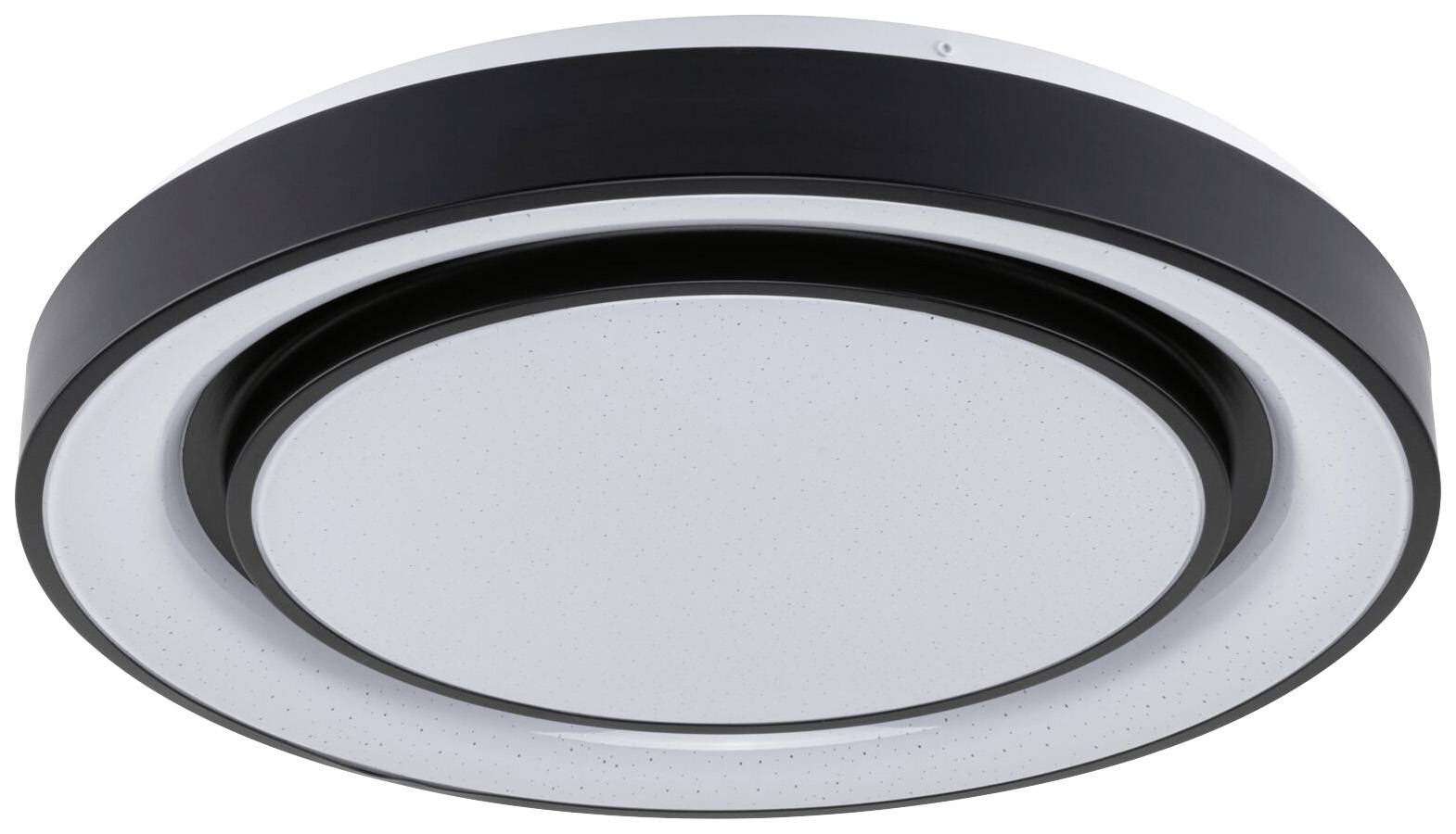 Ronde, moderne plafondlamp met een cirkelvormig ontwerp in zwart en wit, geschikt voor elegante ruimteverlichting.