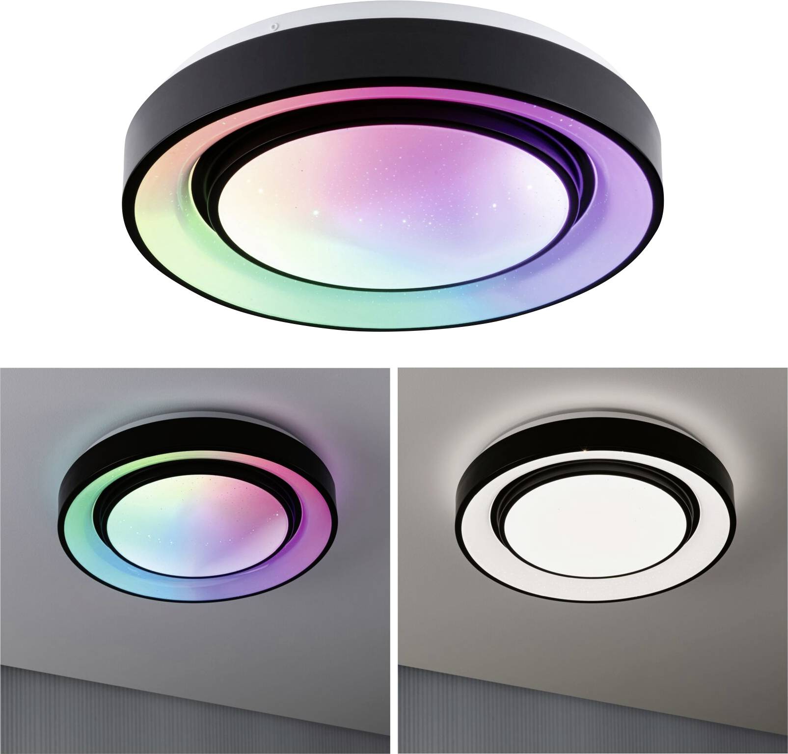 Ronde LED-plafondlamp met kleurwisseling. Boven: Lamp toont verschillende kleuren. Onder: Lamp in wit, uitgeschakeld op donkere achtergrond.