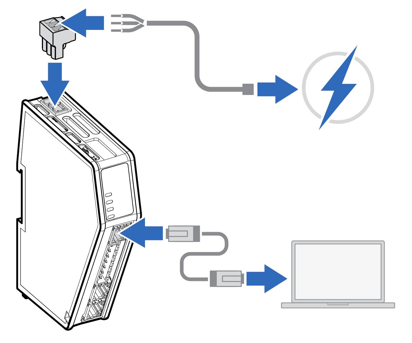 Het schakelschema toont de aansluiting van een computer met een netwerkkabel, stroomvoorziening en een laptopverbinding.