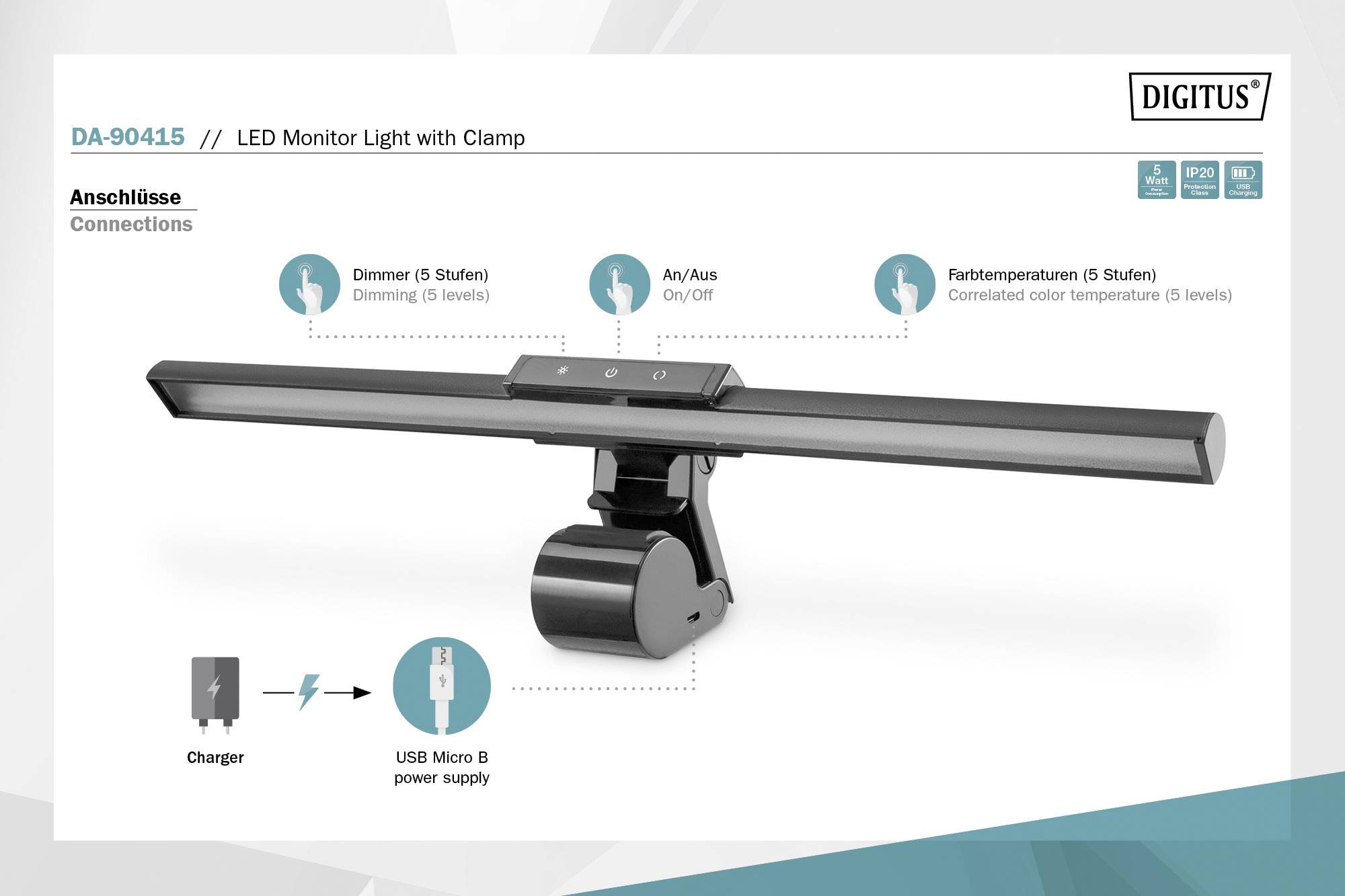 Een LED-monitorlamp met klem van DIGITUS. Toont aansluitingen, dimmer, aan/uit-schakelaar en kleurtemperatuurinstellingen.