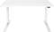 Een witte, rechthoekige bureau met T-vormig frame in minimalistische uitvoering, geschikt voor kantoor- of thuiswerkplekken.