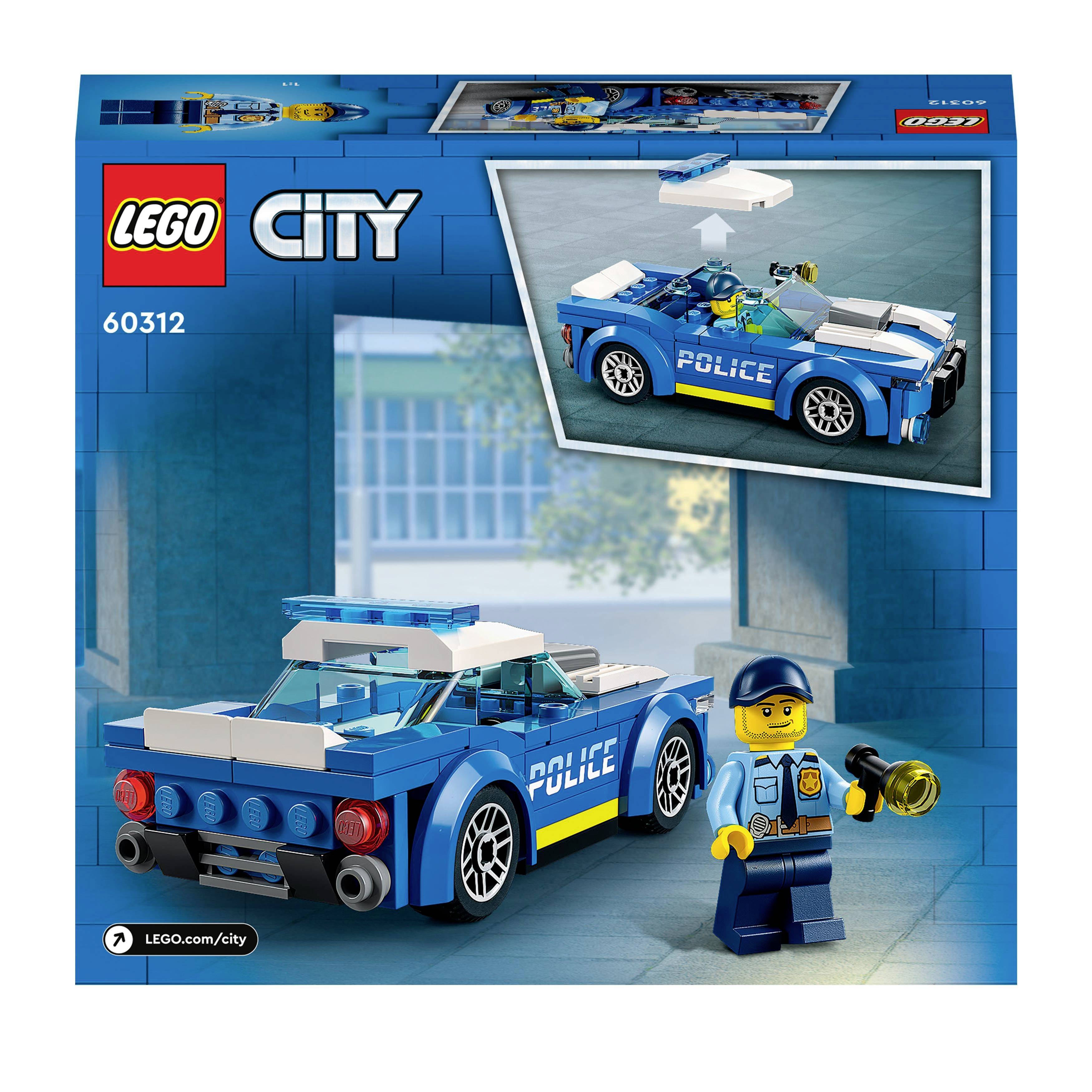 LEGO City Set 60312: Politieauto met minifiguur op de voorgrond, zwaailicht en sirene. Bevat politieauto, politiefiguur en toebehoren.