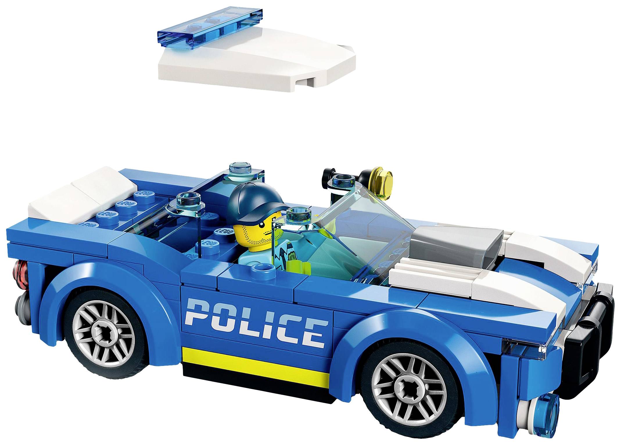 Een blauwe politieauto van Legoblokjes met een afneembaar dak, een bestuurder in uniform en een gele streep met het opschrift 'POLITIE'.