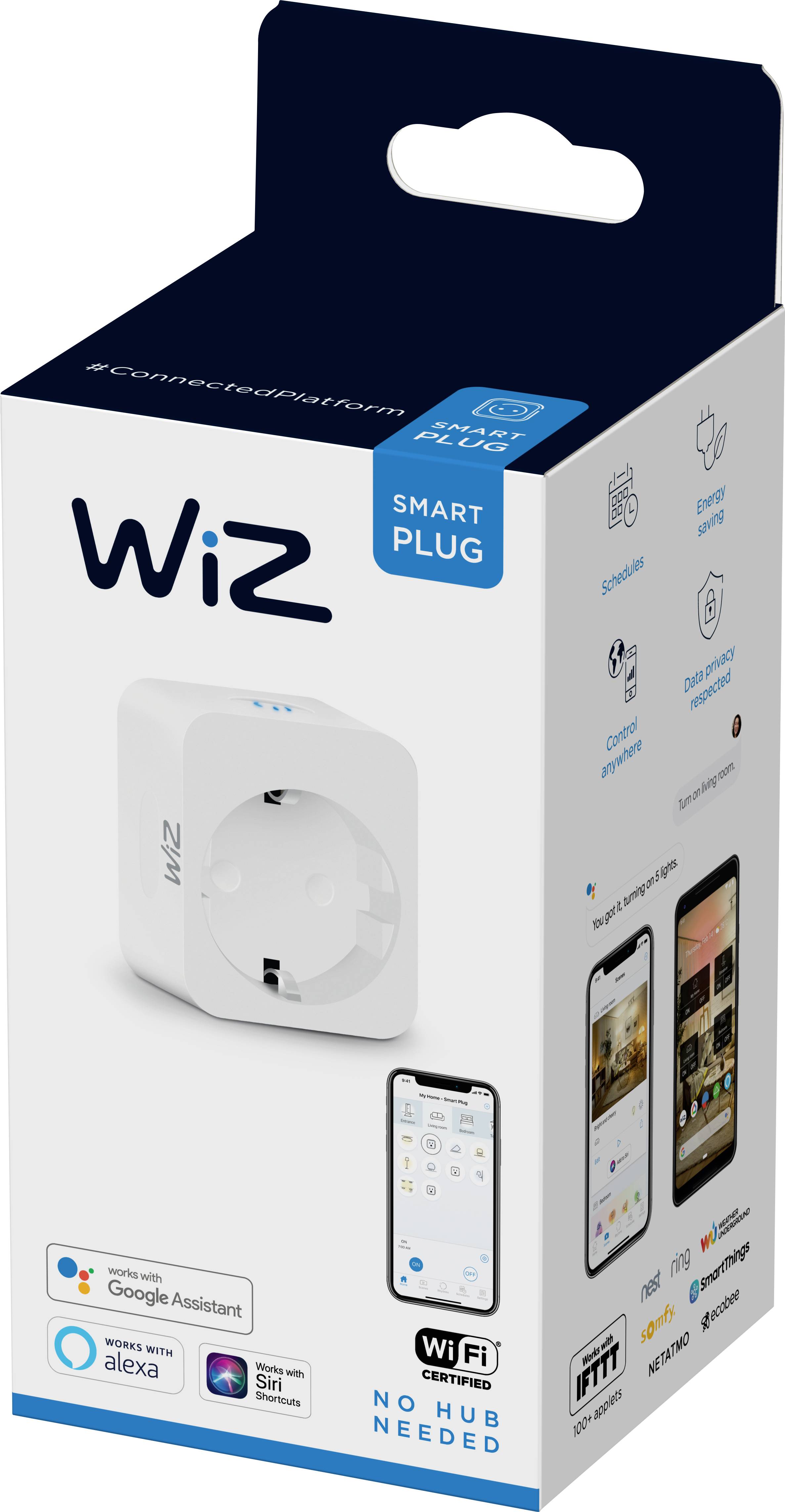 Verpakking van WiZ Smart Plug met afbeelding van de stekker en app; compatibel met Google Assistant en Alexa; geen hub vereist.