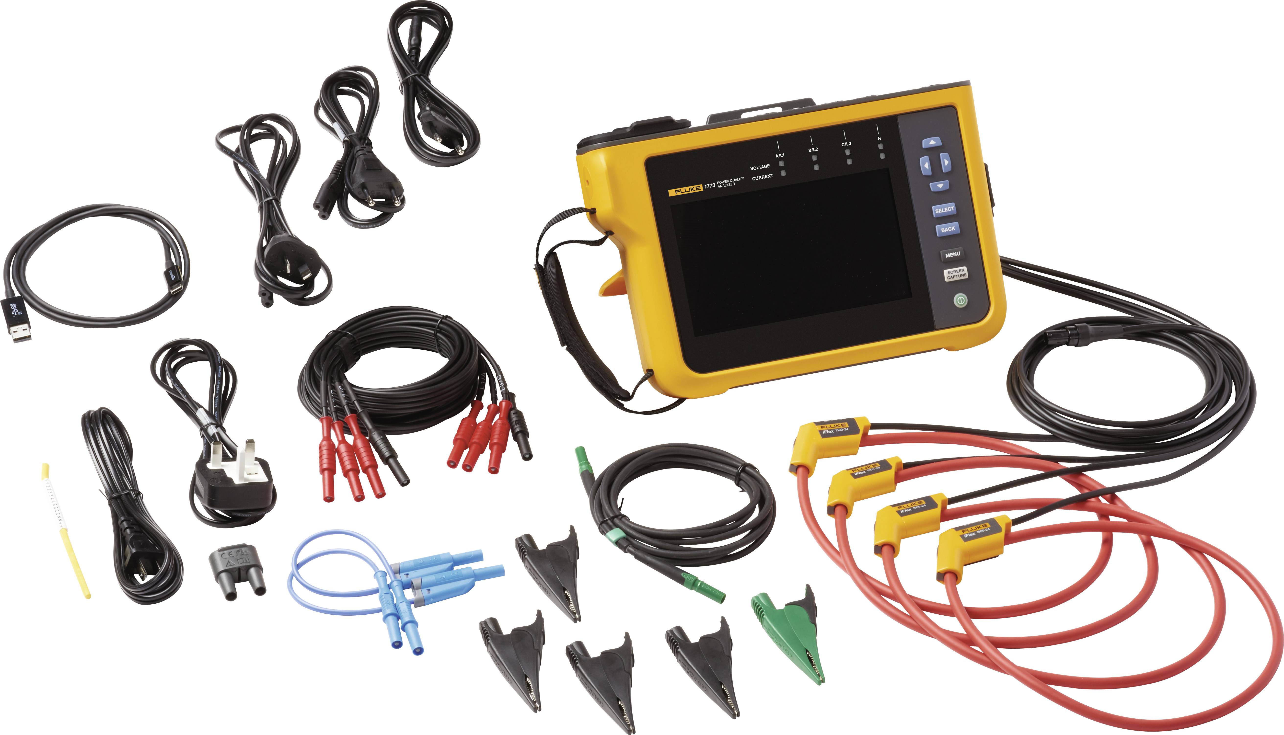 Een draagbaar elektrisch meettoestel met display, omringd door kabels en klemmen in verschillende kleuren voor het meten van elektrische parameters.