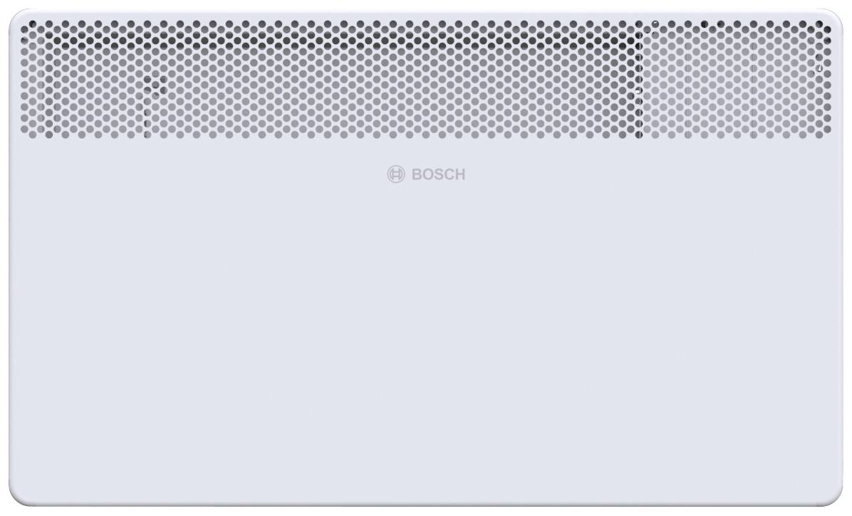 Een witte Bosch-radiator met een rechthoekige vorm en een bovenrooster voor luchttcirculatie.