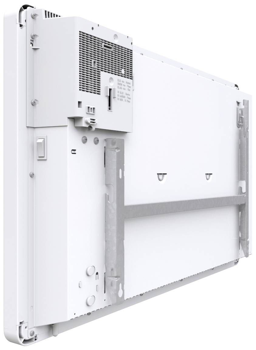 Een wit elektronisch apparaat, waarschijnlijk een beeldscherm, gezien vanuit een zijdelingse hoek. Het vertoont ventilatiesleuven en bevestigingsbeugels.