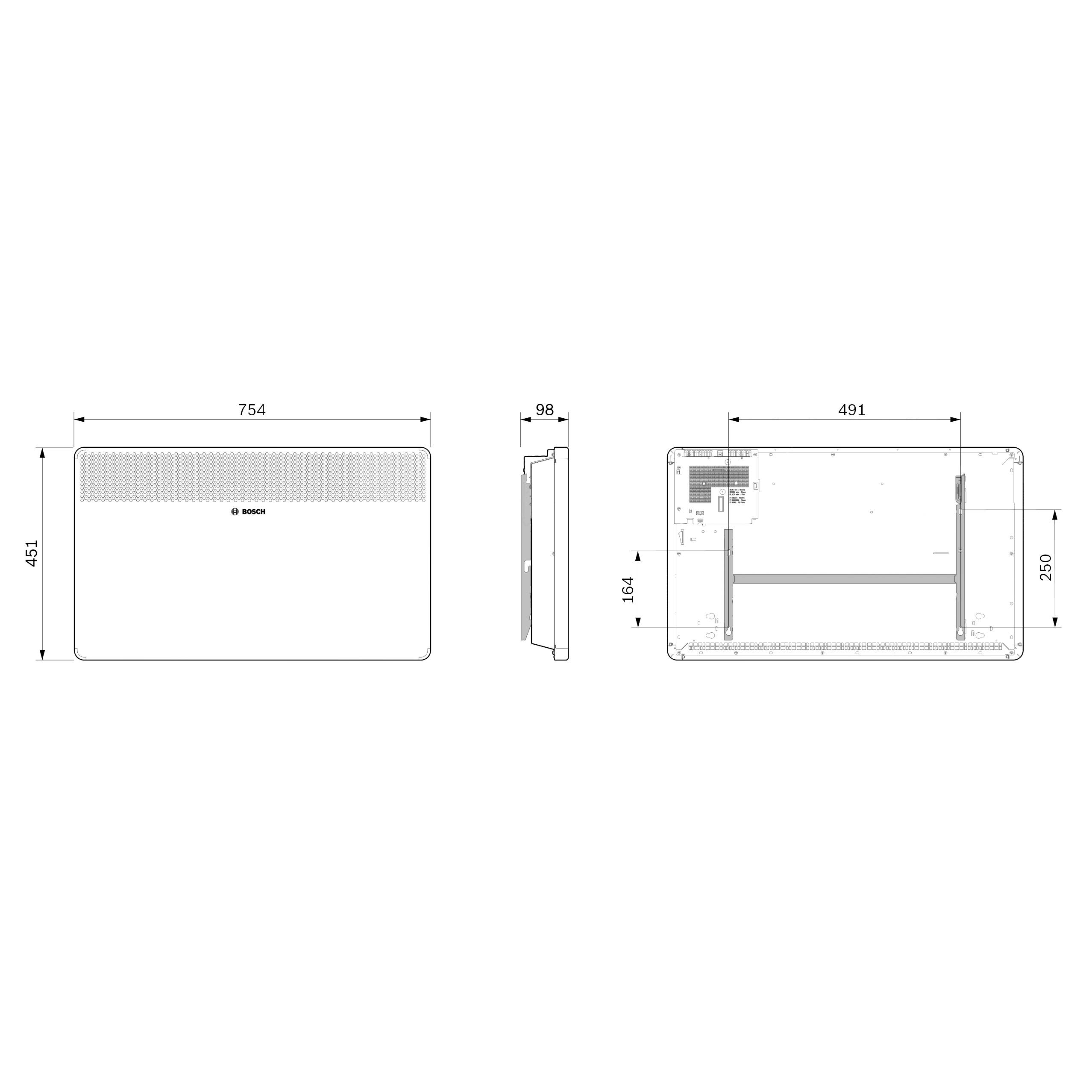 Technische tekening van een rechthoekig apparaat met afmetingen: 754 mm x 451 mm aan de voorkant, 491 mm x 360 mm aan de zijkant, hoogte 98 mm.
