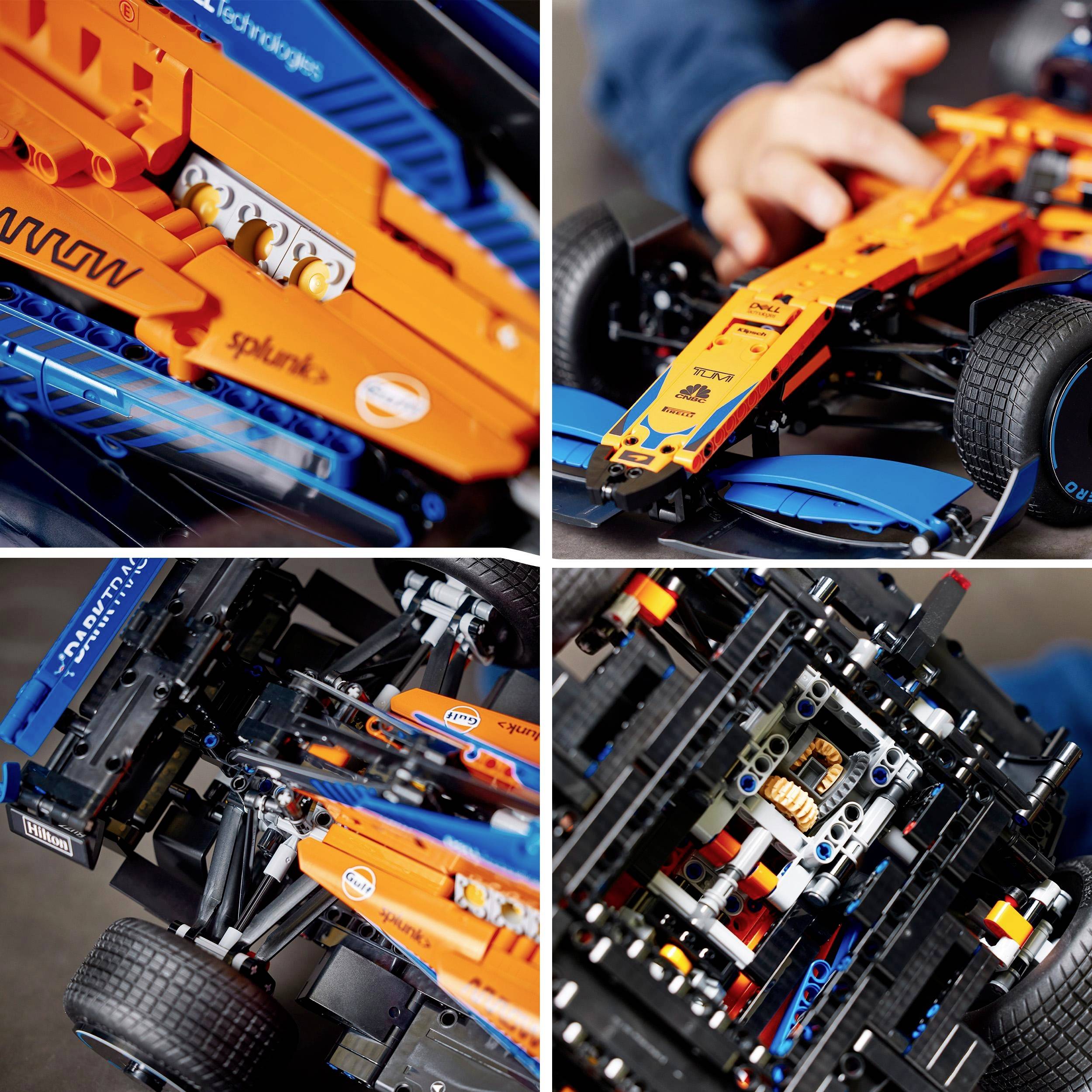 Een speelgoed-racewagen van bouwblokken in oranje en blauw, detailopnamen tonen wielen, stickers en de constructiewijze van de mechaniek.