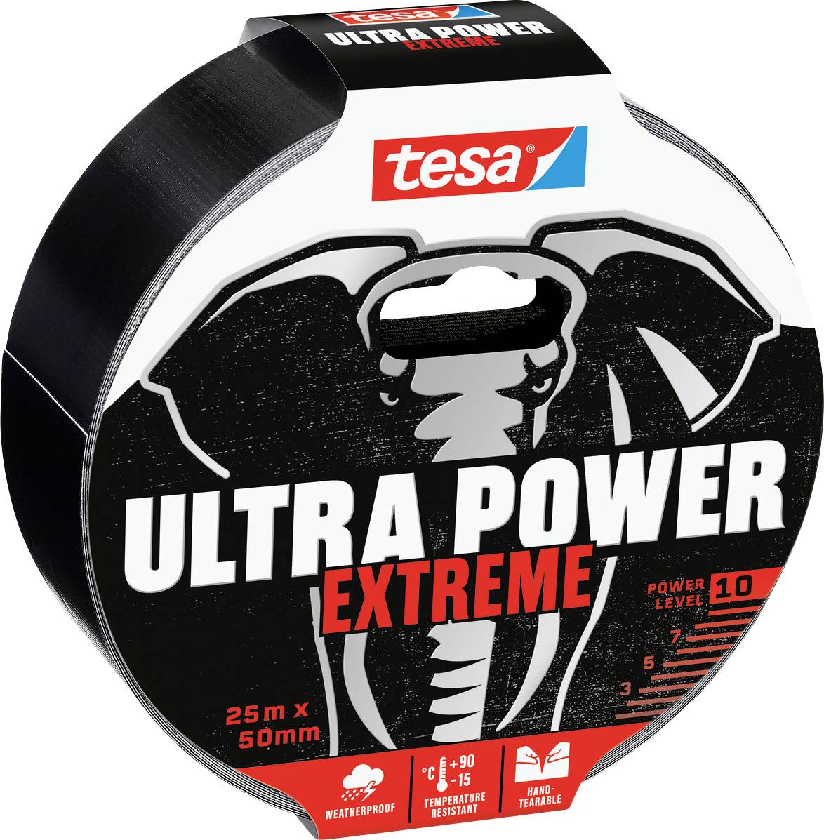 'Ultra Power Extreme' tesa plakband, 25m x 50mm, weersbestendig, temperatuurbestendig, met de hand scheurbaar, vermogensniveau 10.