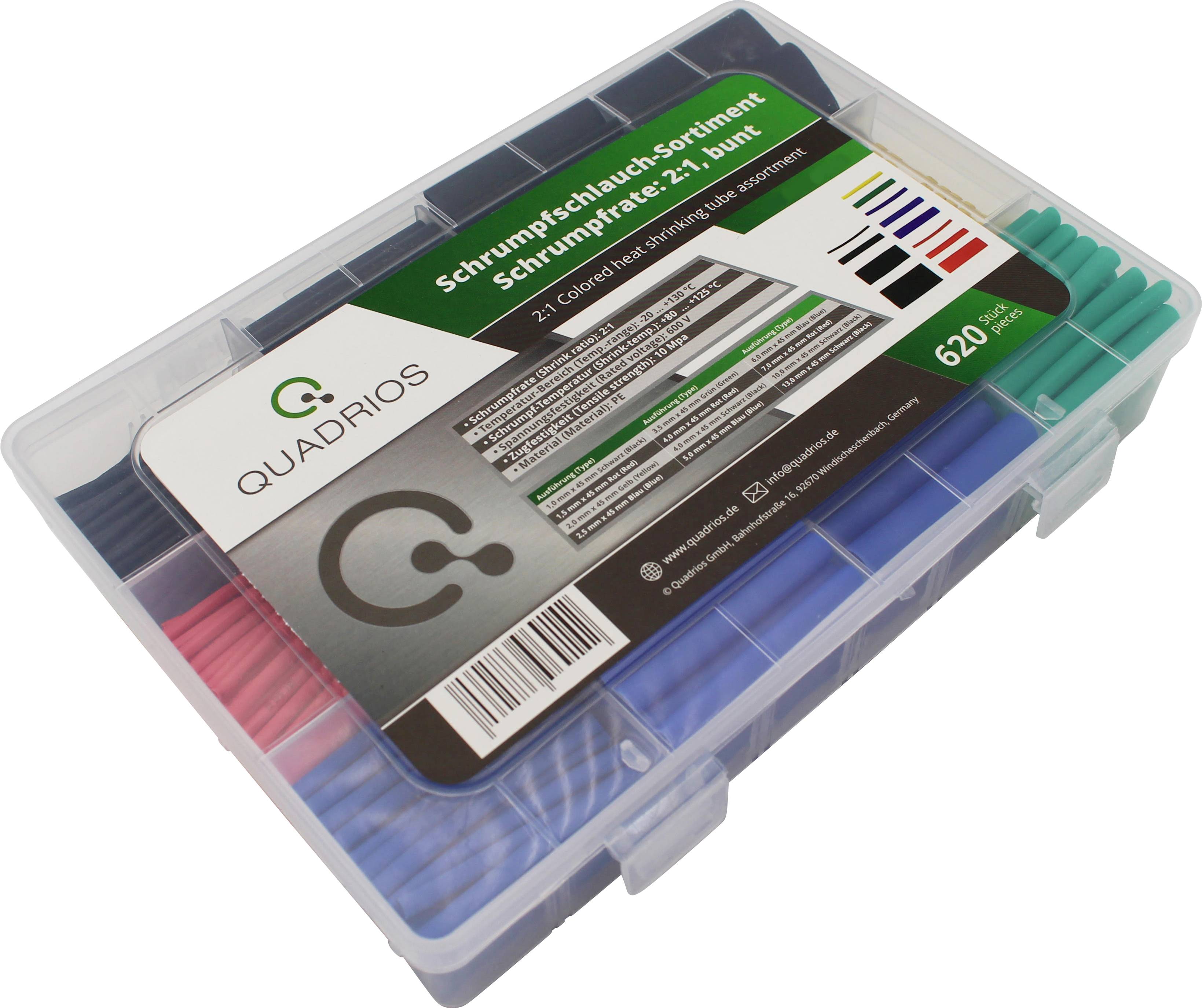 Een plastic doos met krimpkousen in verschillende kleuren en maten, gelabeld als 'Krimpkous-assortiment - 620 stuks'.