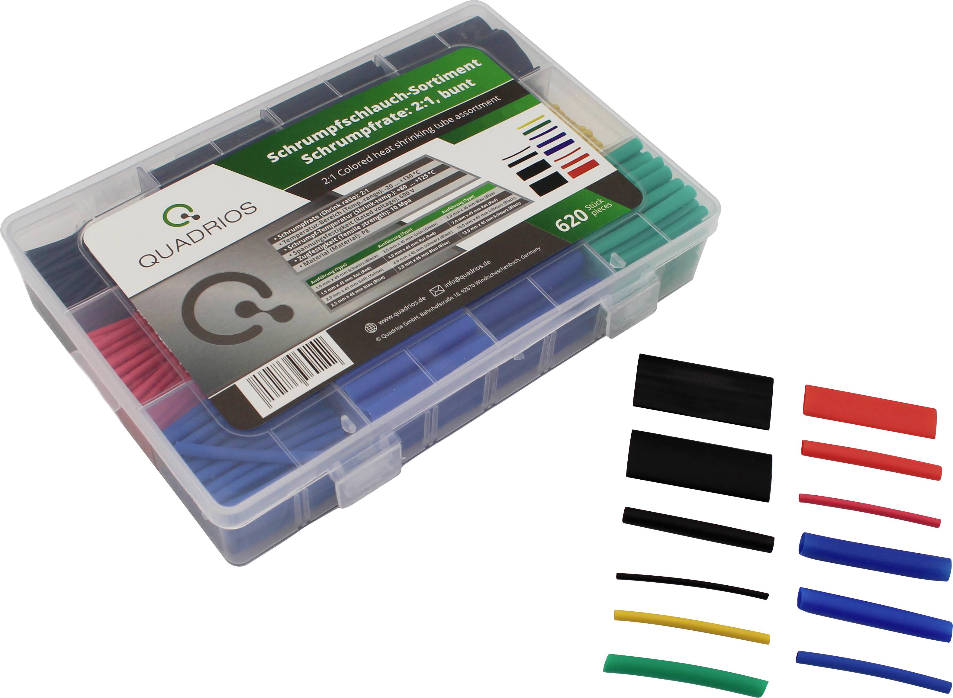 Krimpkous-assortiment in kunststof doos met verschillende gekleurde krimpkousen. 620 stuks in verschillende maten voor isolatiedoeleinden.
