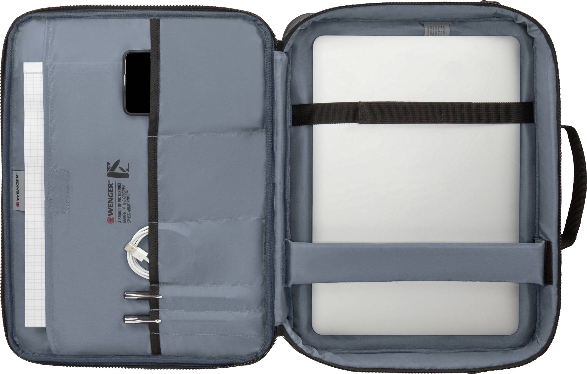 Open aktetas met een laptopvak, vastgehouden door elastische banden. Links: vakken voor accessoires zoals pennen en kabels.