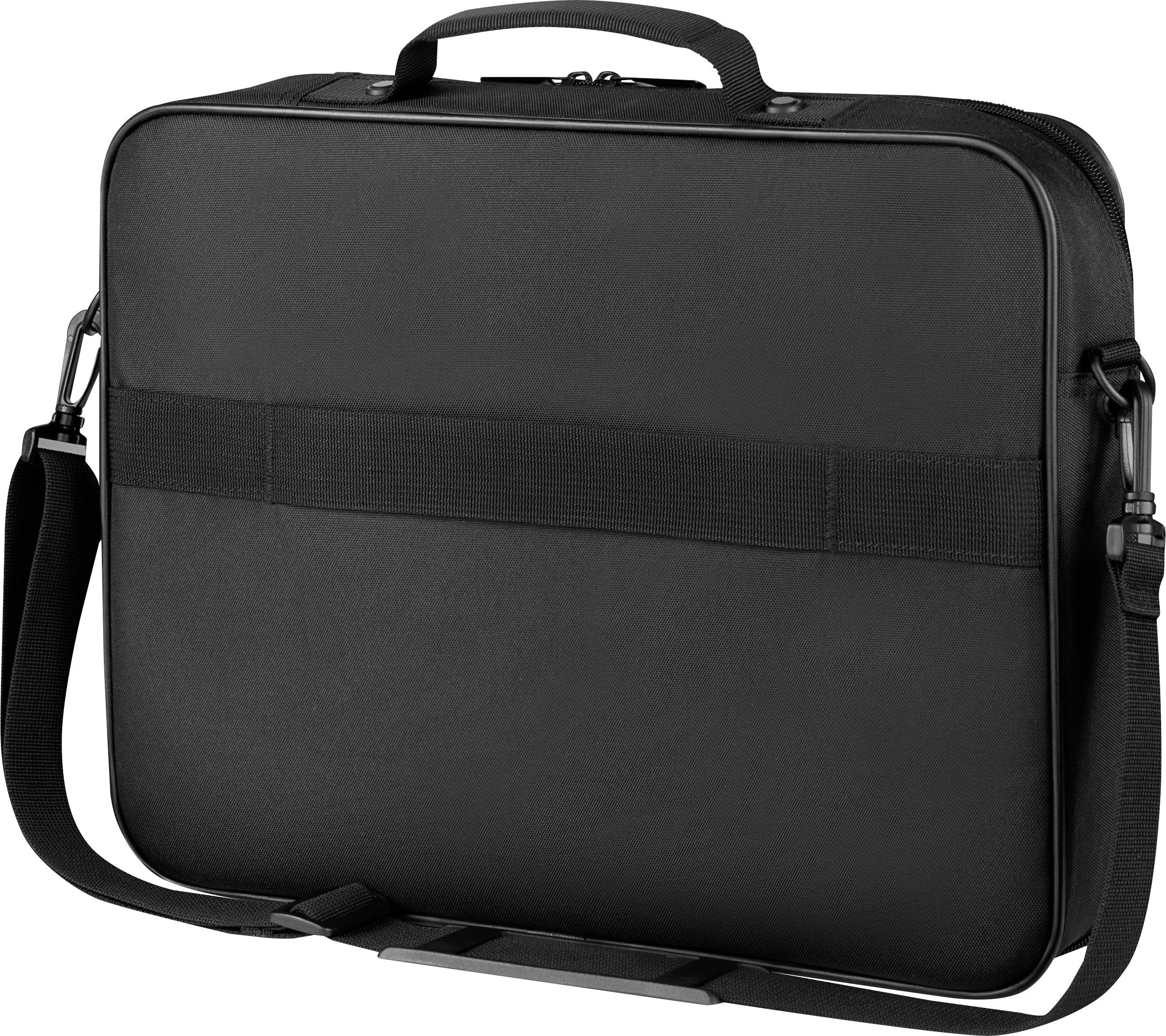 Zwarte laptoptas met handgreep en verstelbare schouderband, geschikt voor het veilig vervoeren van apparaten en toebehoren.