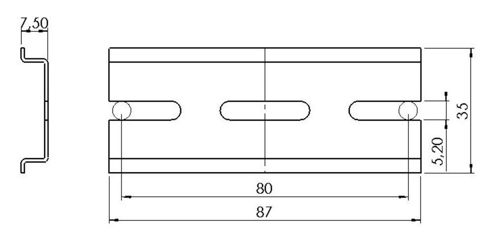 Technische tekening van een onderdeel met afmetingen: 87 mm breedte, 5,2 mm afstand tussen binnenliggende groeven. Zijaanzicht toont 7,50 mm hoogte.
