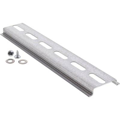 Metalen rail met langwerpige gaten, vergezeld van twee schroeven en sluitringen.